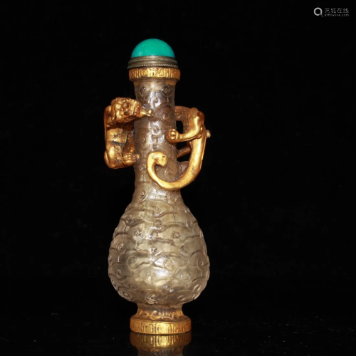 Gilt Gold Peking Glass Snuff Bottle w Chi Dragon
