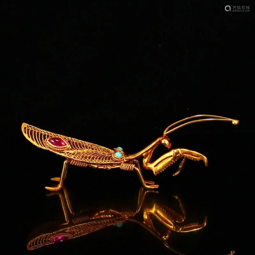 Vivid Gold Wires Inlay Turquoise & Gem Mantis Statue