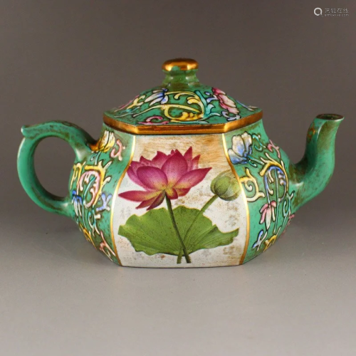 Green Ground Famille Rose Zisha Clay Teapot w Artist Signed