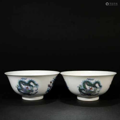 Pair of Doucai Tuan Dragon Bowls