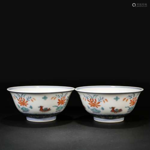 A pair of Doucai mandarin duck bowls