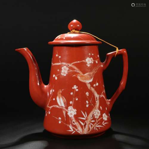 Alum red and white teapot