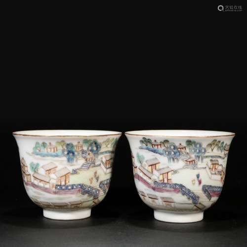 A pair of pastel landscape characters bell cups
