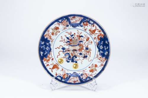 Blue and white alum red traced gold flower plate