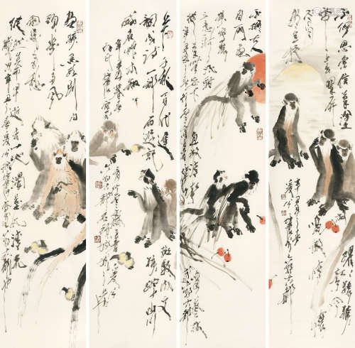 徐培晨 b.1951 画猴四屏 设色纸本 镜心