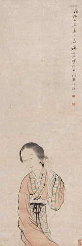 汤禄名 1804～1874 拈花仕女 设色纸本 立轴