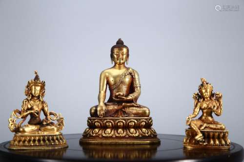 QING, SET OF GILT BRONZE THREE BUDDHA FIGURES