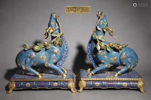 A PAIR OF CLOISONNE ENAMEL DEERS WITH STANDS