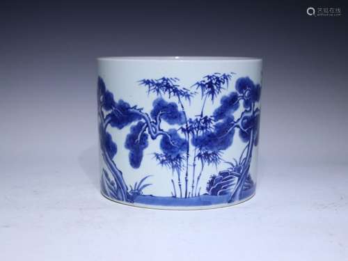 QING, BLUE AND WHITE 'PLANTS' BRUSH POT