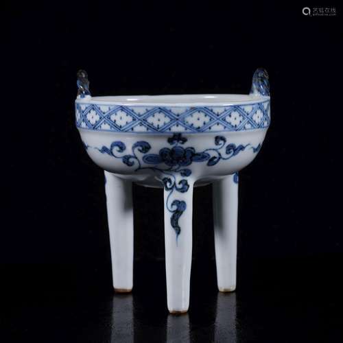 YUAN STYLE BLUE AND WHITE TRIPOD CENSER