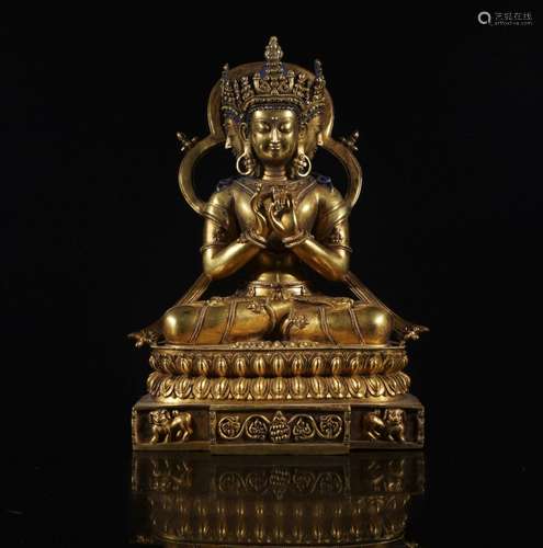 GILT BRONZE THREE-HEAD FIGURE OF BUDDHIST DEITY