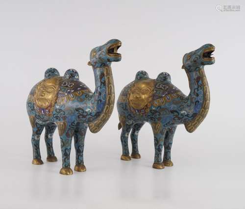 QING, PAIR OF CLOISONNE ENAMELED CAMELS