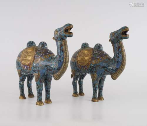 QING, PAIR OF CLOISONNE ENAMELED CAMELS