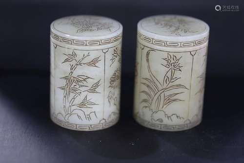 MING, JADE FLOWER & BAMBOO LIDDED BOTTLES,PAIR