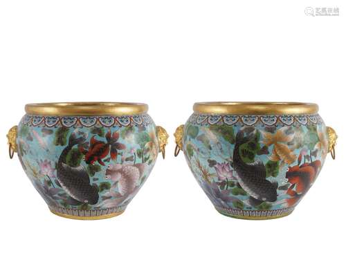 QING, PAIR OF CLOISONNE ENAMELED VATS