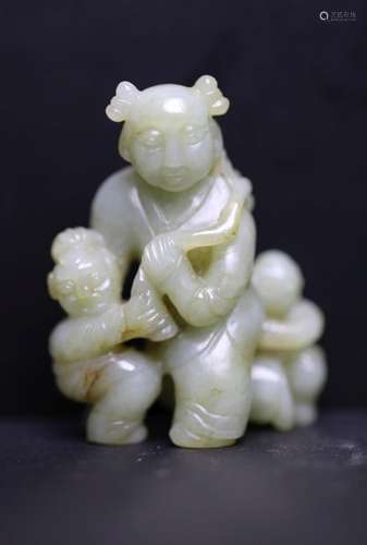 QING, CELADON JADE CARVING KIDS EFFIGY