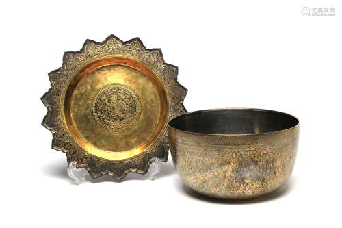 A gilded silver niello bowl set on a gilded silver niello st...