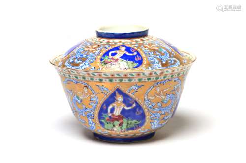 A rare and fine Benjarong Lai Nam Thong covered bowl painted...