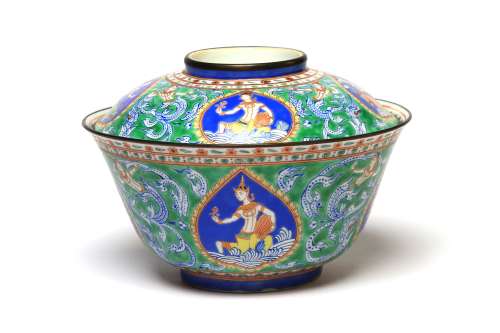 A rare and fine Benjarong covered bowl painted with the Deit...