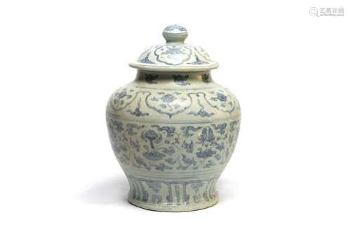 A large blue and white porcelain covered jar painted with st...