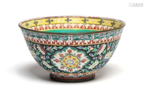 A Benjarong bowl painted with floral designs on a black grou...