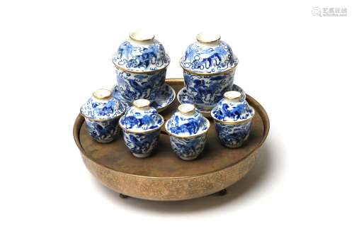 A blue and white porcelain 'Jibo' tea set comprisi...