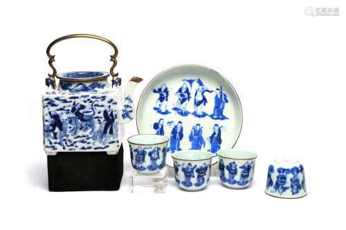 A blue and white porcelain tea set painted with eight immort...