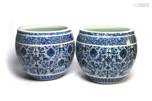 A pair of blue and white porcelain jardinière, each painted ...
