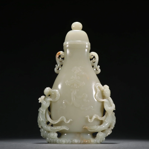 A Top Hetian Jade Carved Vase With Cover
