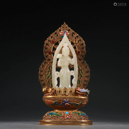 A Fine Gilt-bronze Inlaid Jade Figure of Buddha Ornament