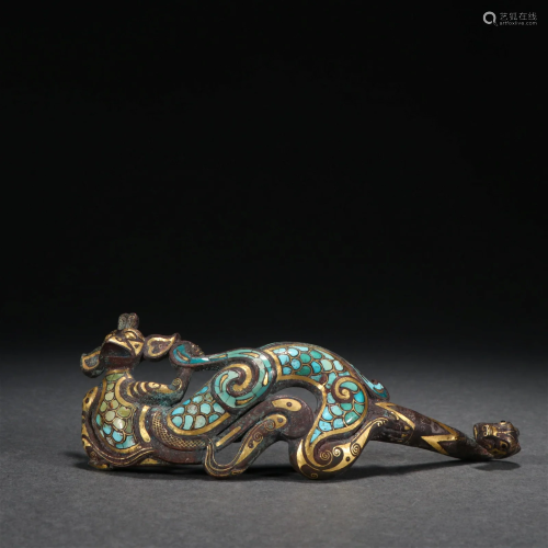 A Rare Bronze Inlaid Gold and Turquoise Dragon Buckle
