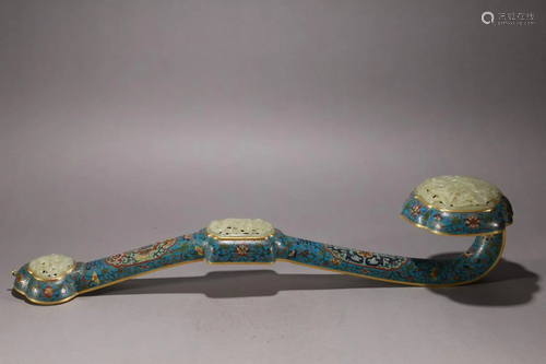 A Fine Gilt-bronze Cloisonne Inlaid Jade Ruyi Scepter