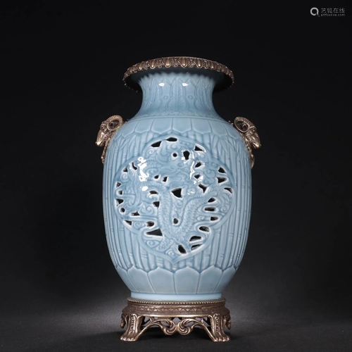 A Fine Sky Blue Glazed Inlaid Bronze Bottle