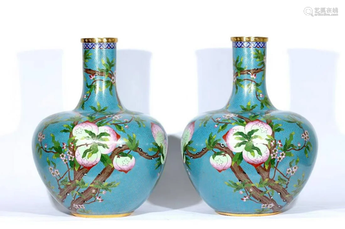 A Pair of Cloisonne 'Shou Tao' Bottles