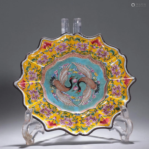 A Fine Bronze Enamel Plate With Pheonix Pattern