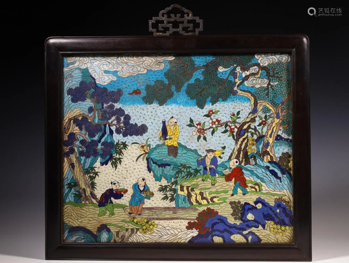 A Fine Wood Inlaid Cloisonne Character Story Hanging Screen