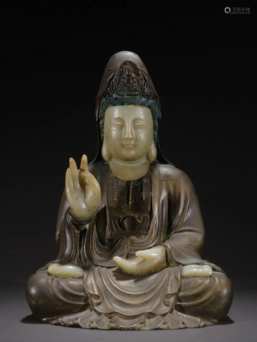 A Fine Bronze Inlaid Jade Seated Avalokitesvara