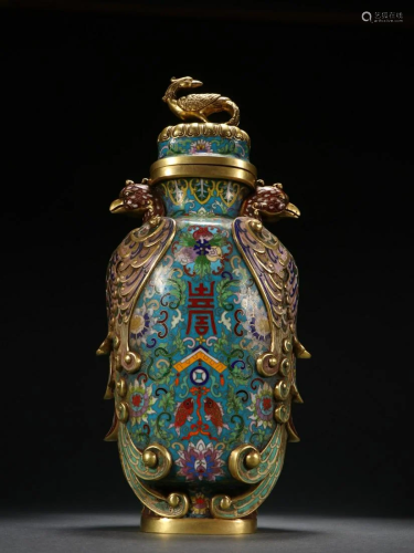 A Rare Gilt-bronze Cloisonne Pheonix Vase