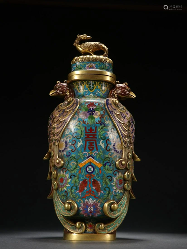 A Rare Gilt-bronze Cloisonne Pheonix Vase