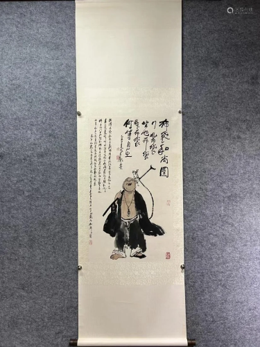 A pair of cloth bag monk paintings by Li Keran