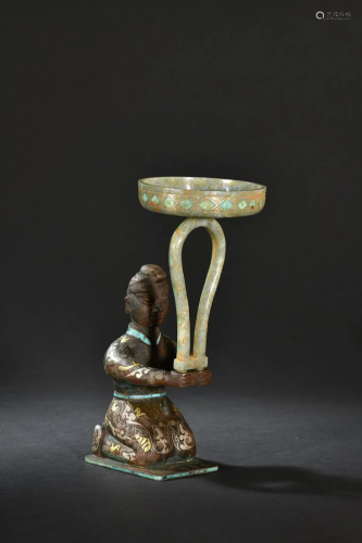 A Rare Bronze Inlaid Gold and Silver Human Shaped Candle Hol...