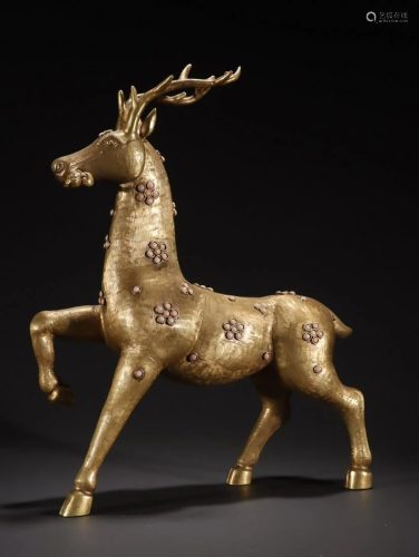 A Very Rare Gilt-bronze Inlaid Gems Deer Ornament