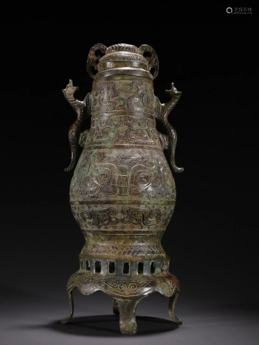 An Unusual Bronze 'Tao Tie' Pattern Vase