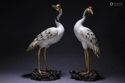 A Pair of Fine Gilt-bronze Cloisonne Crane Ornaments