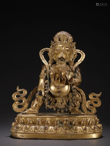 A Rare Gilt-bronze Statue of the God of Wealth With Elephant...