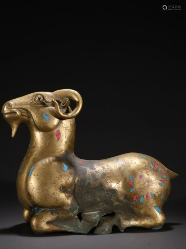 A Fine Gilt-bronze Inlaid Gems Ram Ornament