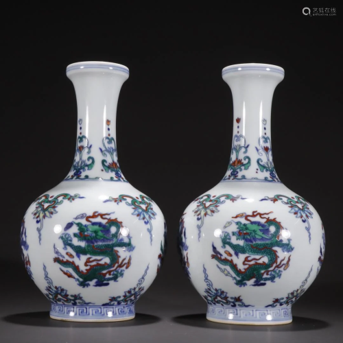 A Pair of Fine Doucai Dragon Pattern Vases