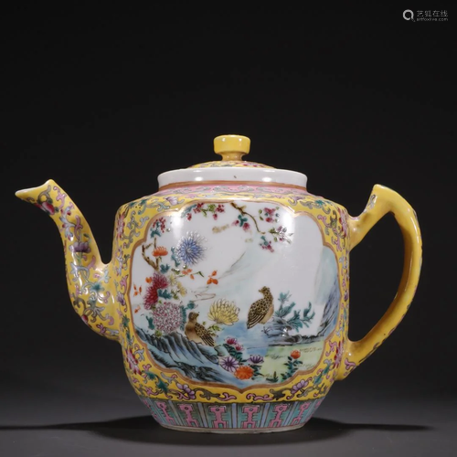 A Rare Yellow Glazed Enamel Flower and Bird Teapot