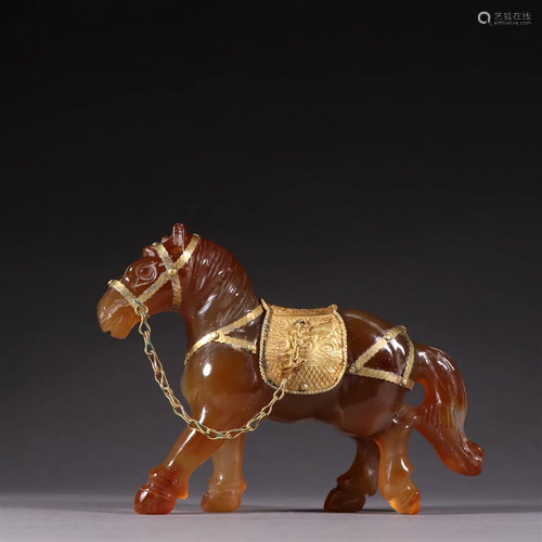 A Fine Agate Inlaid Gold Horse Ornament