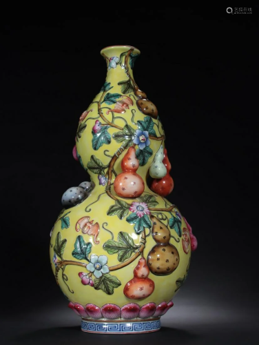 A Rare Yellow Glazed Gourd Vase